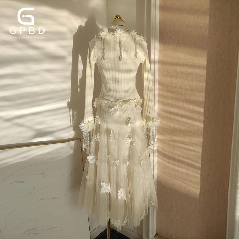 

Designer Solid Slimming Two Piece Sets For Women V Neck Long Sleeve Folds Top High Waist Skirt Sweet Set Female Fashion New