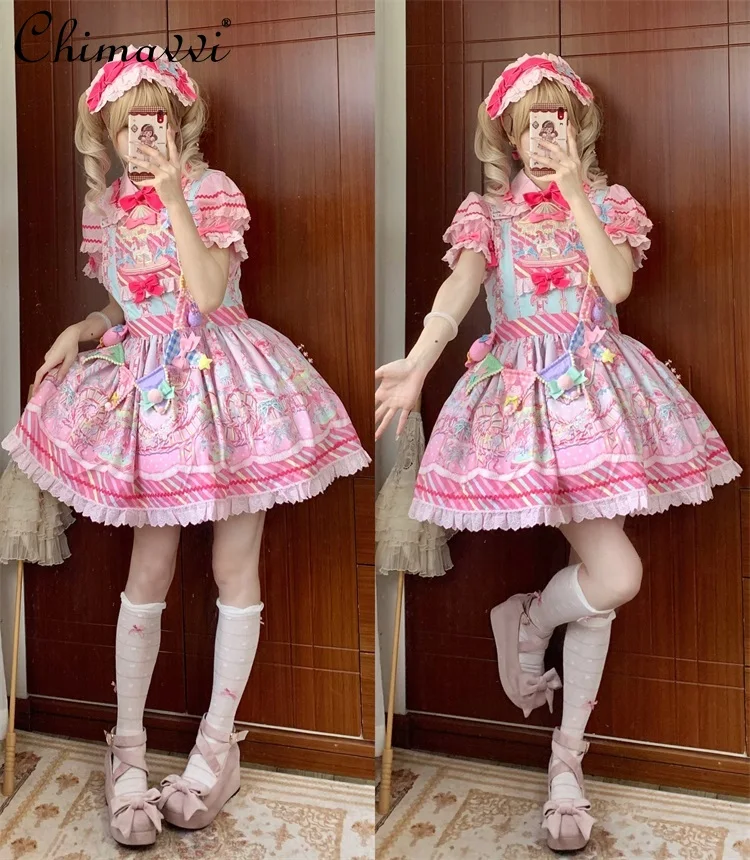 Sweet and Cute Girls Lolita Dress Sets 2024 Summer New Short-sleeved Student Shirt Jsk Short Strap Dress Kawaii Women\'s Outfits