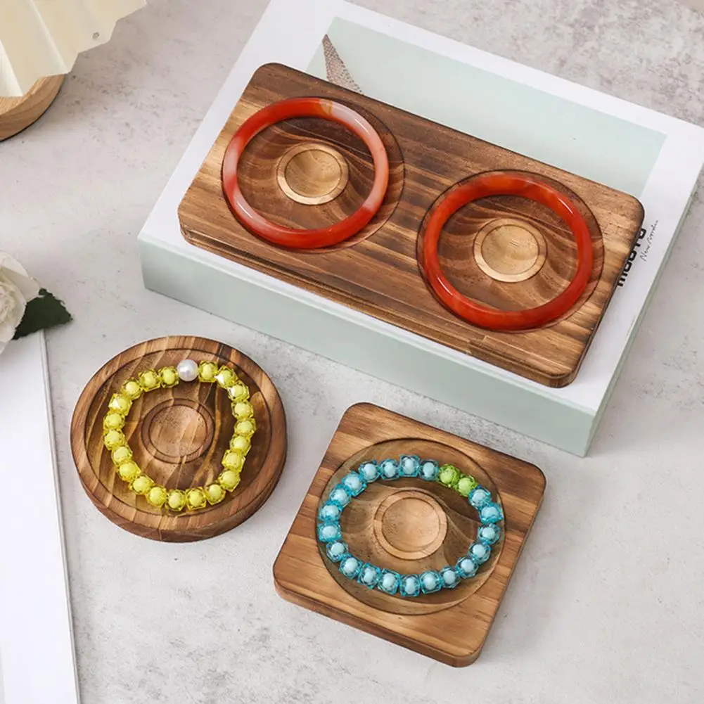 Wooden Bracelet Holder Round Square Rectangle Solid Wood Beaded Bracelet Bangle Jewelry Organizer Display Stand Plate