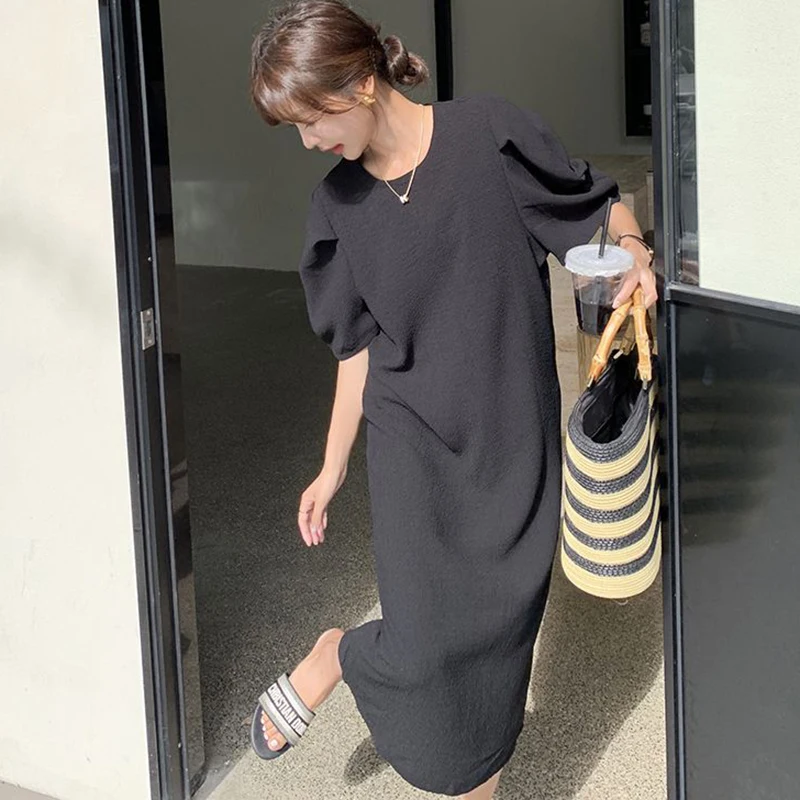 Fashion O-Neck Loose Solid Color Puff Sleeve Casual Dress Female Clothing 2024 Summer New Oversized All-match Princess Dress