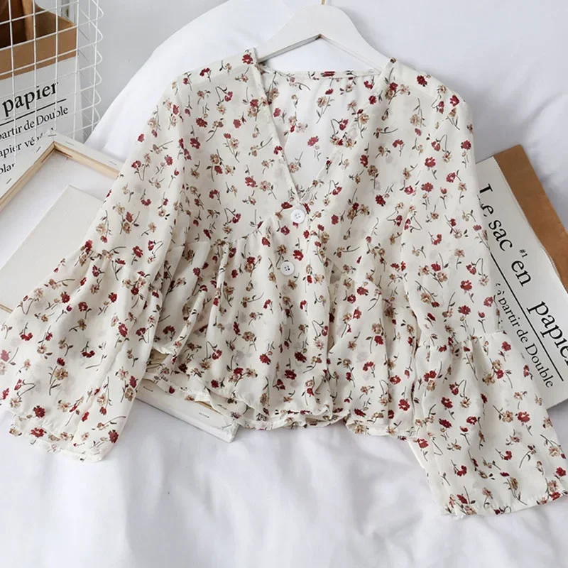 2024 New Women's  V Neck Floral Print Sweet Small Fresh Long Sleeves Chiffon Shirt Blouses