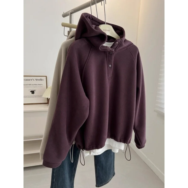 

Korean Retro BF Neutral Color Hoodie Women's Fleece Lined Thickened Loose Lazy Hat Shirt Autumn Winter Long Sleeve