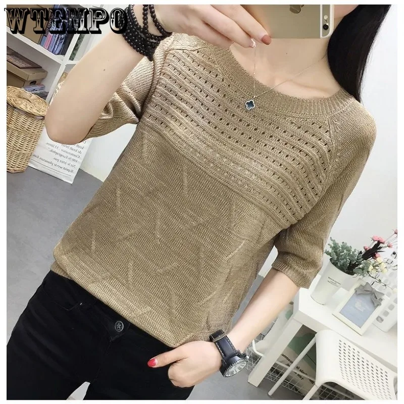 WTEMPO Woman Knit Sweaters Pullover Summer Knitted T-shirt Short-Sleeved Women\'s Loose Hollow Jumper Knitwear