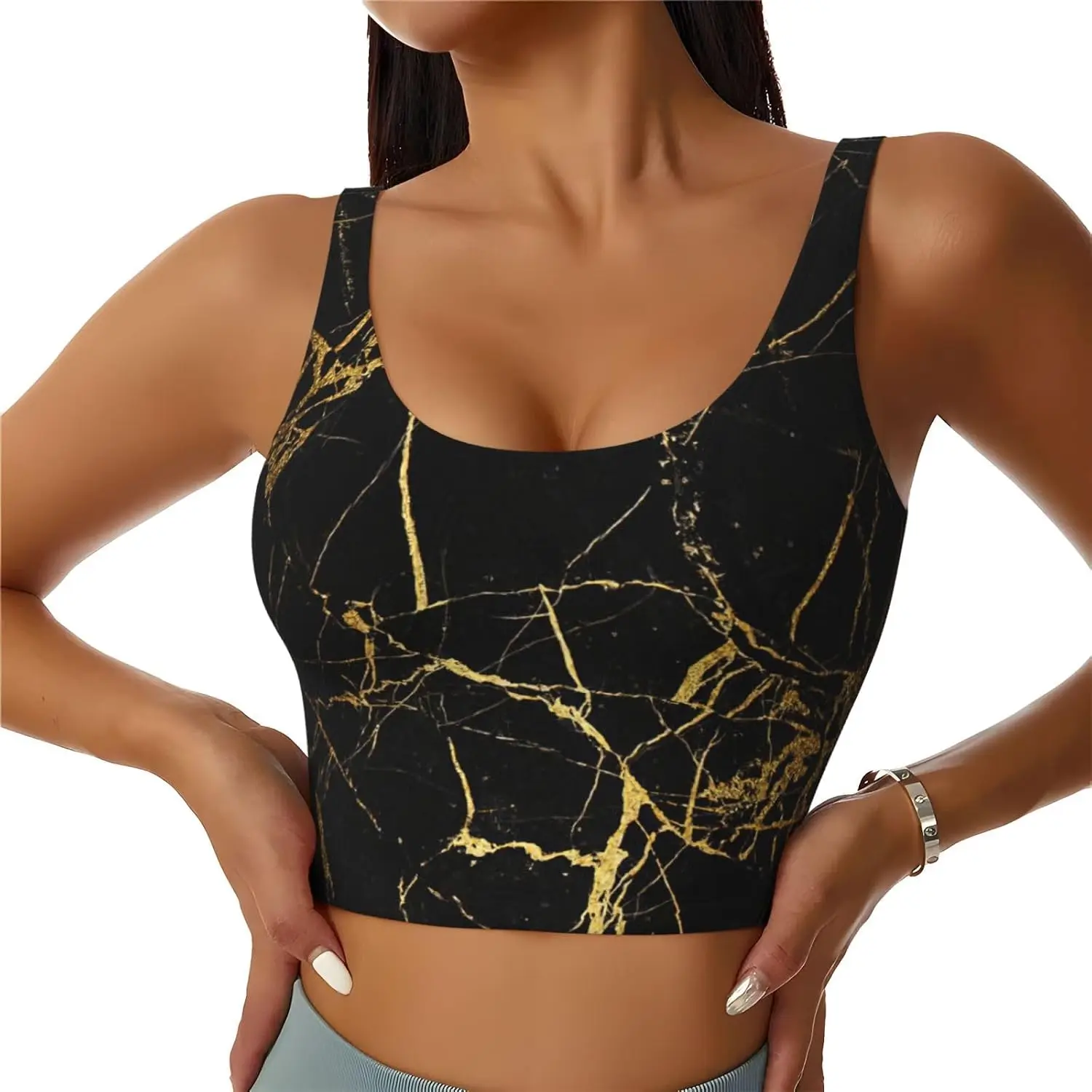 Black Gold Marble Print Women'S Strappy Sports Bra Stretch Gym Bras U Neck Yoga Tops Comfort Seamless Bra