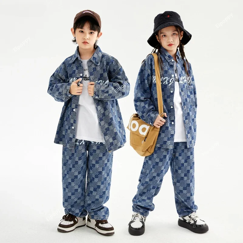 Boys Street Dance Plaid Denim Jacket Letters Pants Girls Hip Hop Shirt Jeans Kids Jazz Clothes Sets Children Streetwear Costumes