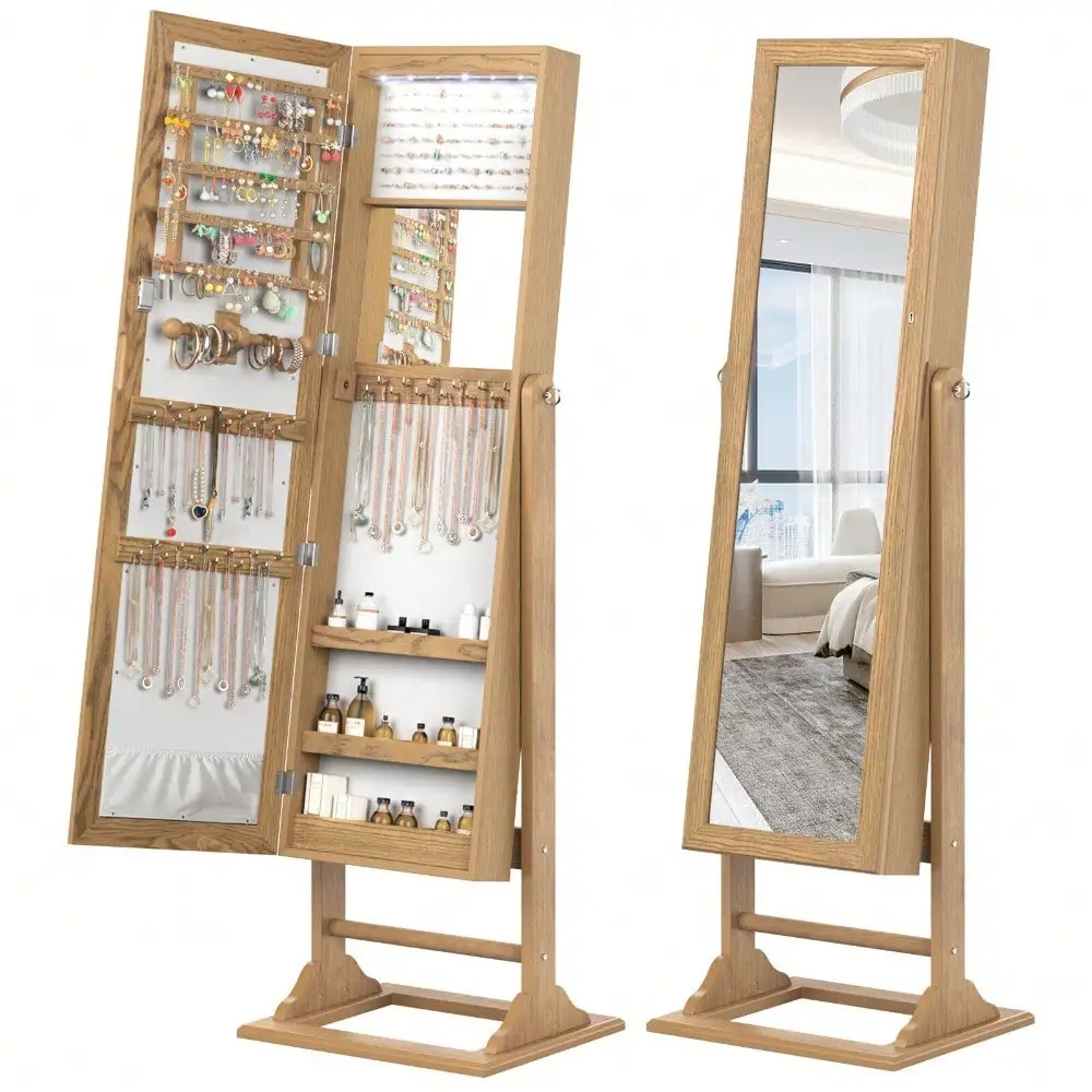 Jewelry Cabinet Full-Length Mirror Lockable Jewelry Armoire w/ 6 Lights Natural