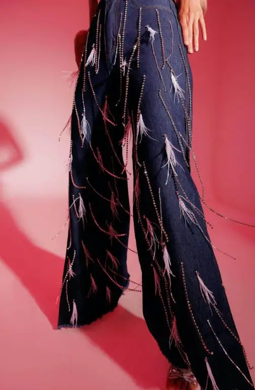 

Women's Fashion Nail Buckle Decoration Tassel Loose Straight Tube Denim Pants with Side Slit Stylish Casual Jeans