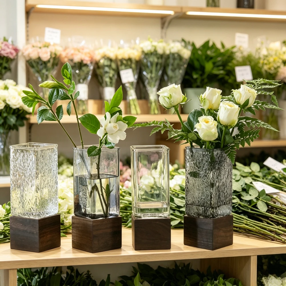 Light Luxury Simple Glass Vase with Wooden Base Hydroponic Plant Container Modern Tabletop Flower Vase for Home Decor