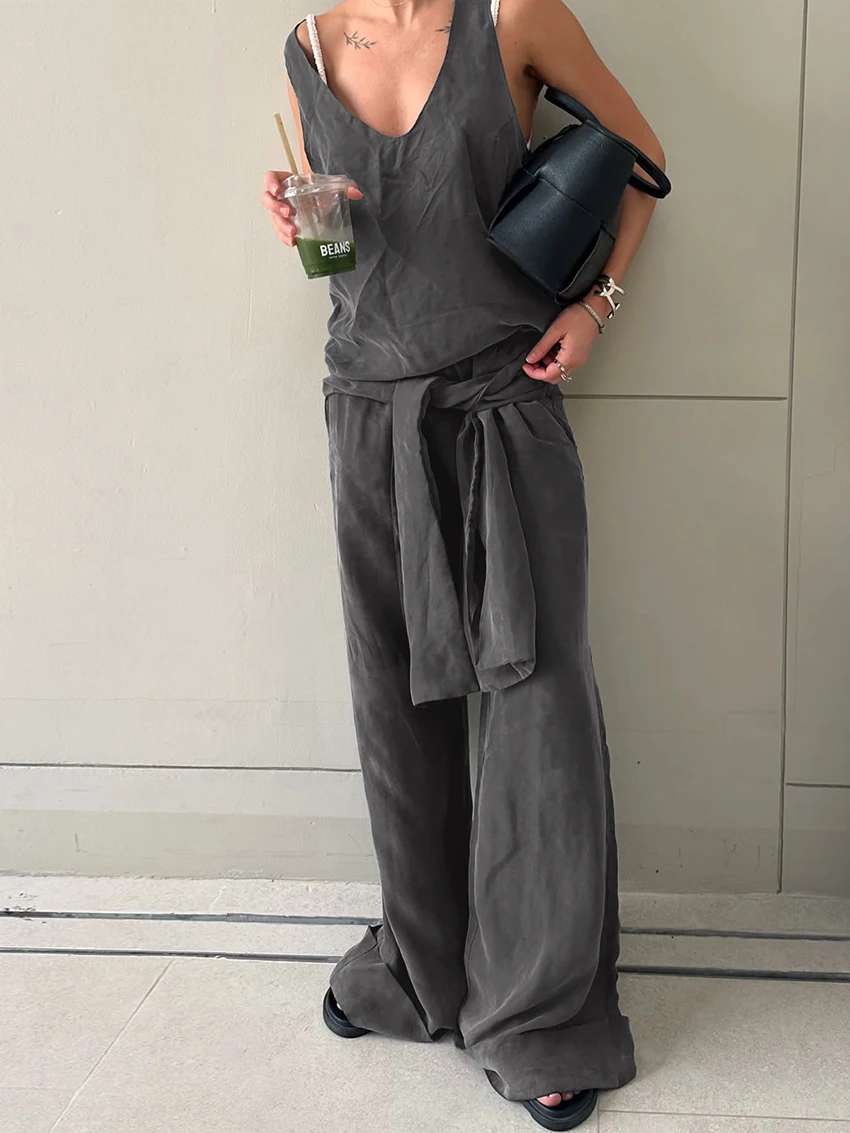 Marthaiqiq Casual Ladies Nightwear Suit Tank Top Pajamas Sleeveless Nightgowns V-Neck Nightie Pants Loose Sleepwear 2 Piece Set