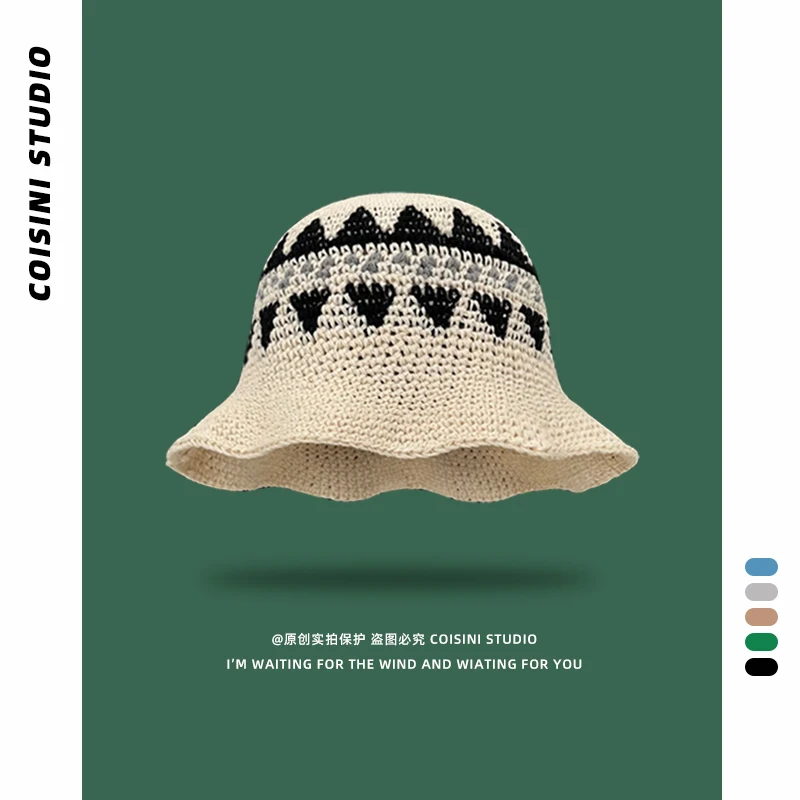 Fair Island Style Retro Jacquard Knitted Bucket Hat for Men and Women Spring Summer Versatile Show Face Small Fashion Basin Cap