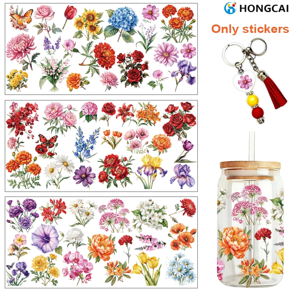 

Набор из 3 винтажных акварельных цветочных наклеек для кружек (УФ DTF), водонепроницаемые стикеры, декор для стеклянных кружек своими руками, наклейки-трансферы ручной работы