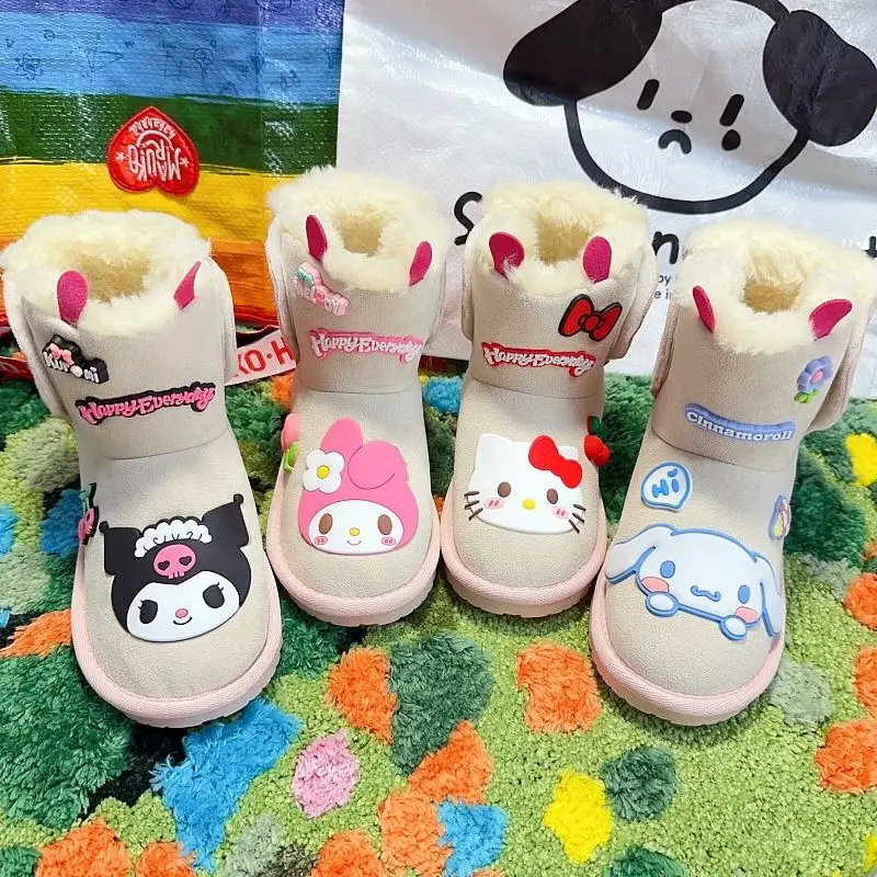 Kawaii Winter Cartoon Kuromi Kids Snow Boots Melody Hello Kitty Girl Snow Boots Cute Sanrios Mid Boots Thickene Warm Snow Boots