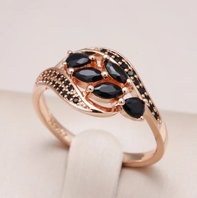 Kinel New Unusual 585 Rose Gold Leaf Ring Inlay Bling Black Natural Zircon Ring for Women Elegant Fine Vintage Wedding Jewelry