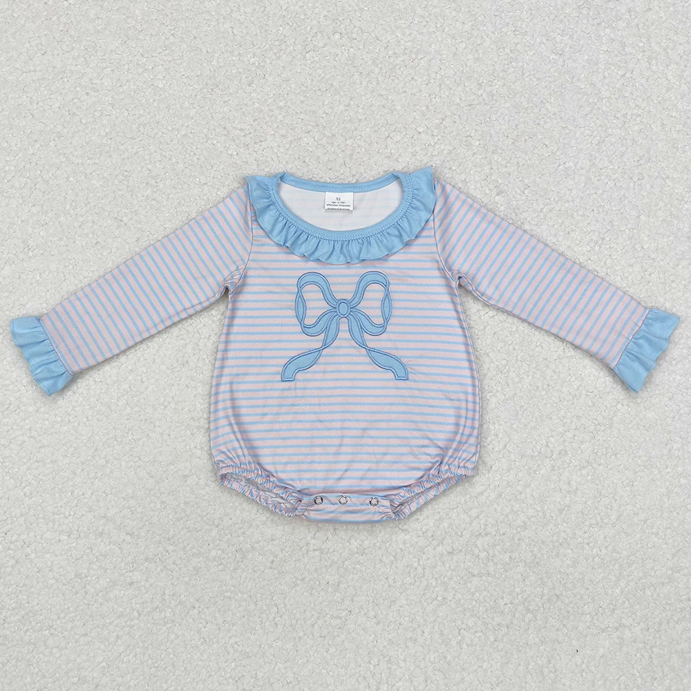 Boutique Baby Infant Girls Rompers Blue Stripes Bow Long Sleeve Rompers Kids Clothes Toddler Girls Onesie Rompers Jumpsuits New