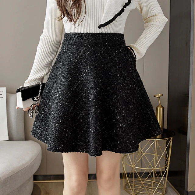 Gonna in Tweed nero donna vita alta a line minigonne corte autunno inverno Vintage gonne di lana coreane pantaloncini tasche bottino N069 AliExpress