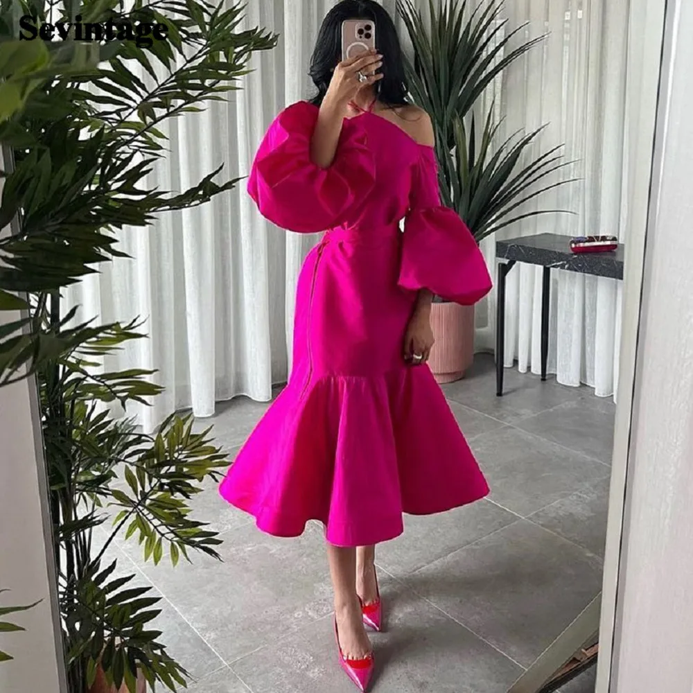 

Sevintage Fuchsia Satin Mermaid Midi Evening Dresses Long Sleeves Party Dress Halter Saudi Women Specail Occasion Prom Gowns