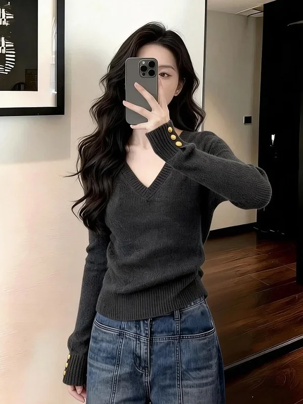 

Minimalist Grey V-Neck Knitted Base Shirt Women's Fashionable Inner Wear Top Spring New Style Soft Stretchy Long Sleeve Short...