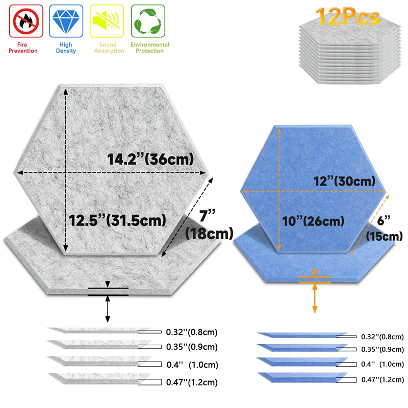 Hexagon 12 pz Pannelli fonoassorbenti Assorbimento acustico da parete per studio di registrazione domestico Isolante acustico Striscia di tenuta per