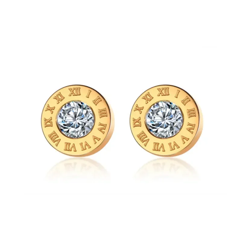 Classic Trend Geometric Circle Crystal Roman Numeral Stud Earrings for Women Temperament Gold Color Stainless Steel Jewelry Gift