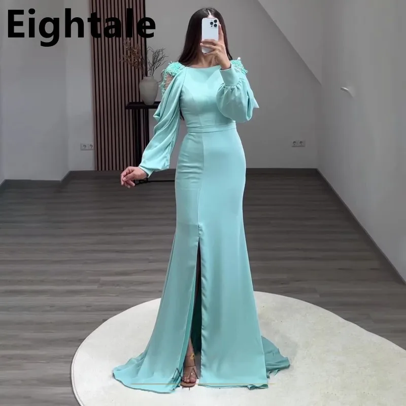

Eightale Turquoise Chiffon Mermaid Evening Dress Long Puff Sleeves Plus Size Arabic Formal Prom Party Gown Customized