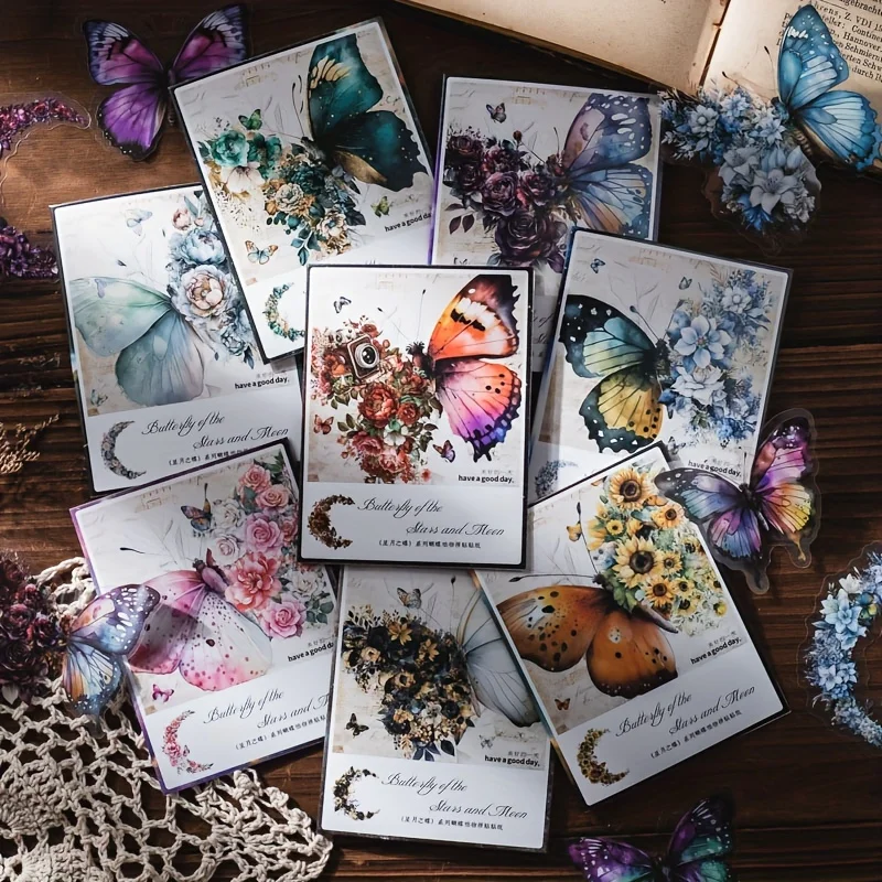 1/8pc 나비 식물 장식 스티커, 접착 뒷면이 있는 PET 소재로 제작, DIY 공예품 장식에 적합