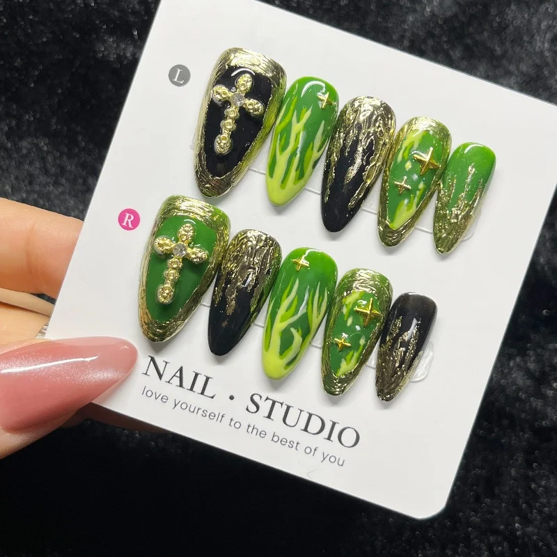 

10PCS Luxury Almond Handmade Press on Nails Green Gradient Gold Metallic Patterns False Nails 3D Cross Gothic Wearable Manicure