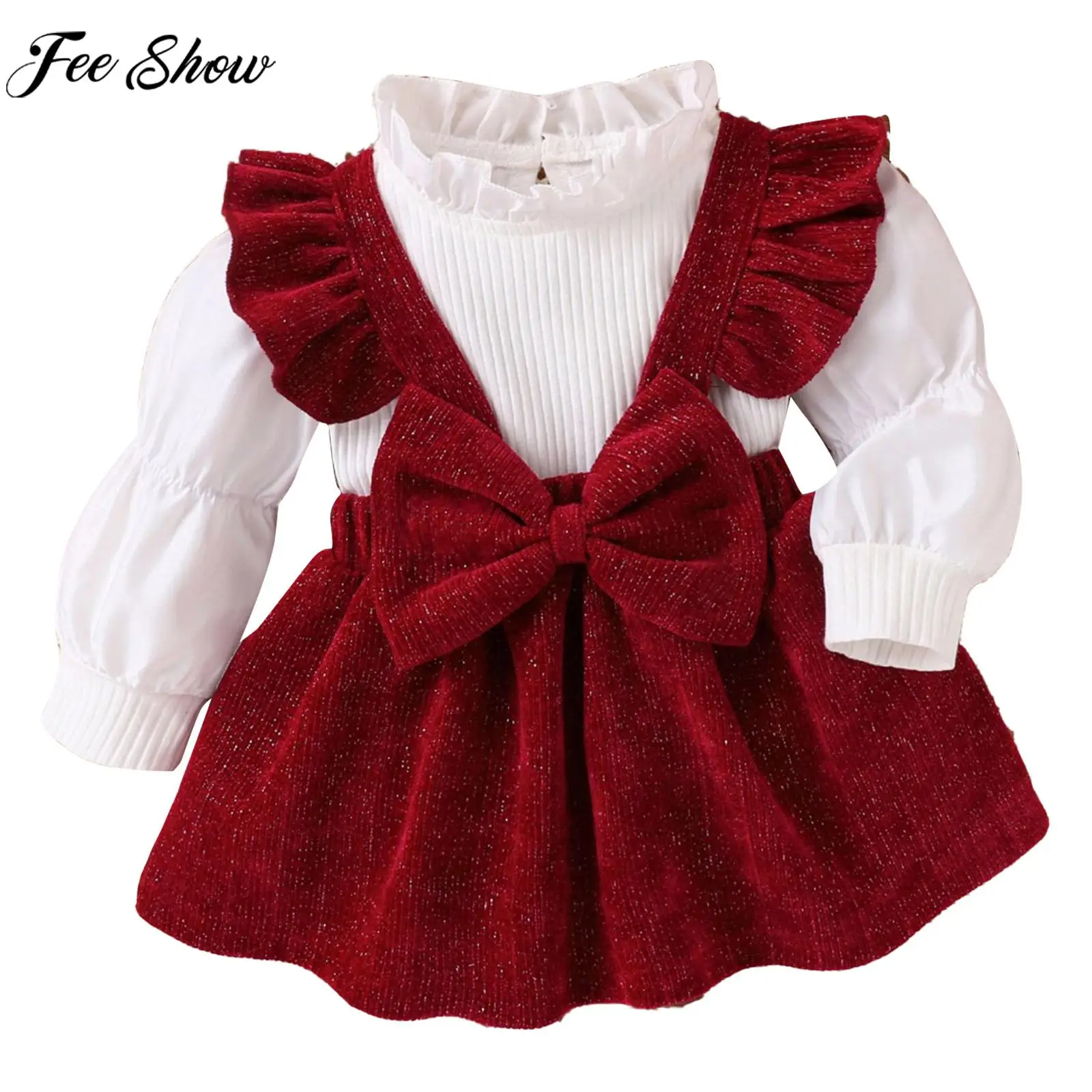 Infant Girls Spring Autumn Casual Outfit Birthday Christmas New Year Party Costume Long Sleeve Shirt Top with Suspender Dress