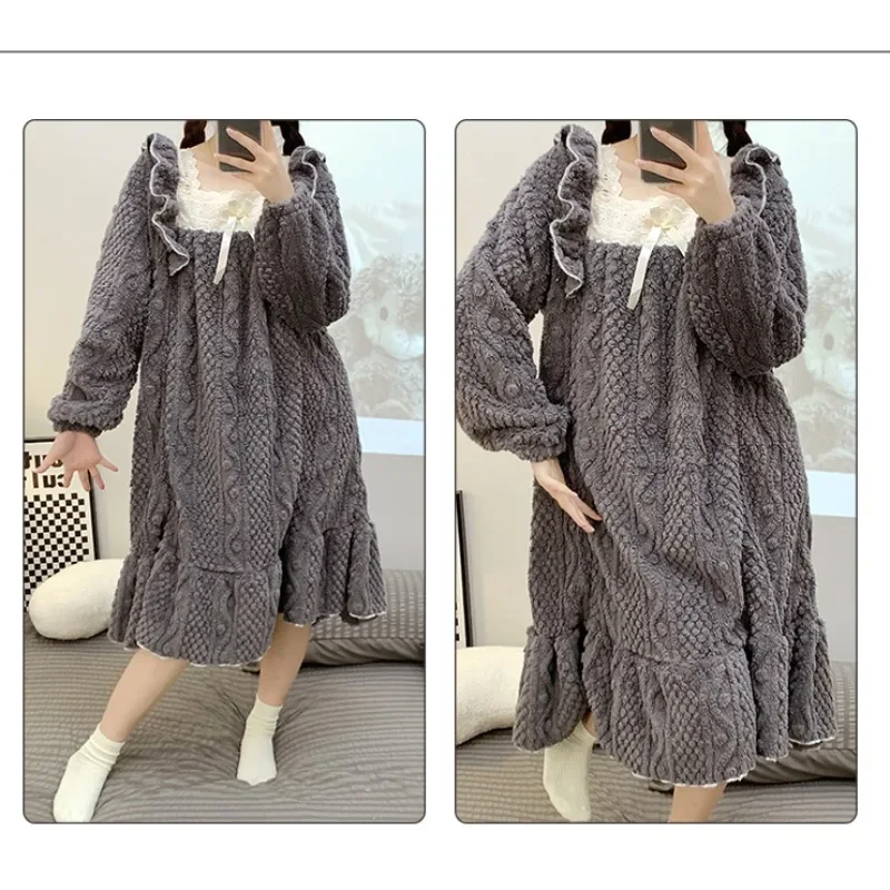 5XL Plus Size Winter Warm Nightgowns Women Thick Long Sleeve Flannel Home Dress Sweet Lace Princess Sleepwear Loose Outer Wear