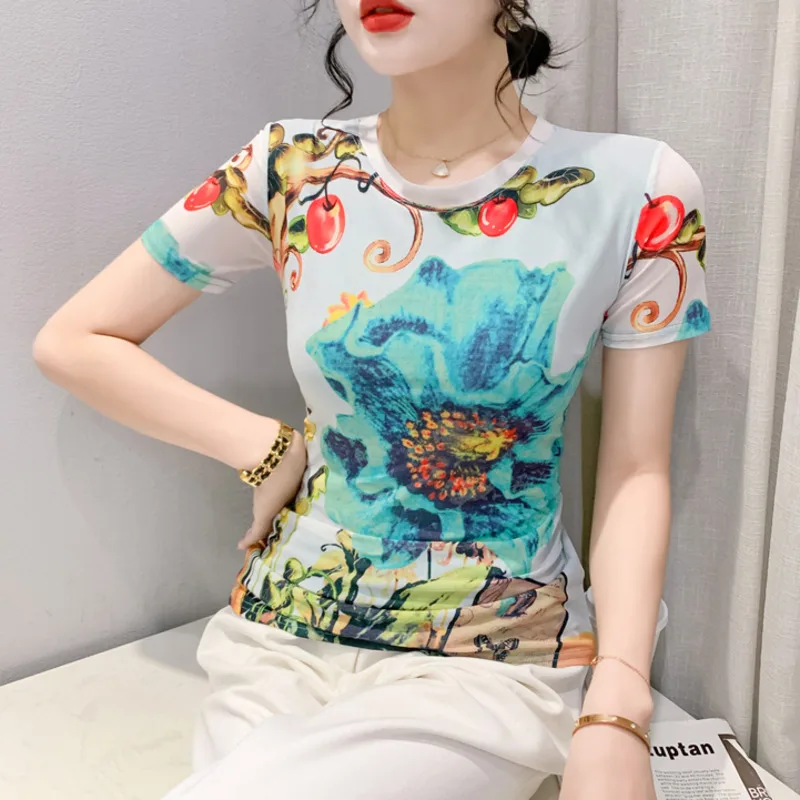 #5422 3d Print Tshirt Women Short Sleeve Summer Vintage T-shirt Thin Sexy Elastic Women\'s T-shirt Floral Short Women\'s Tee Shirt
