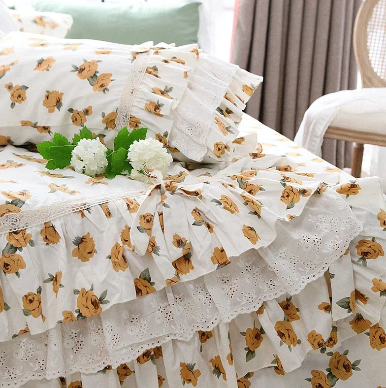 Vintage french duvet cover set Garden printed bed set queen size Romantic lace ruffle bedding set king size comforter bed linen