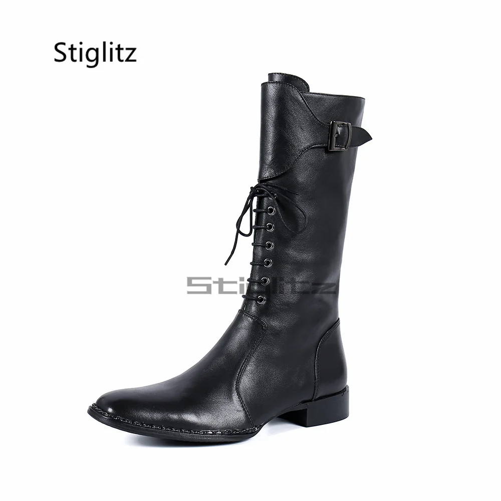 Men's Lace Up Riding Boots Black Genuine Leather Low Heels Long Motorcycle Boots British Style Buckle Party Dress Winter Shoes - view 5