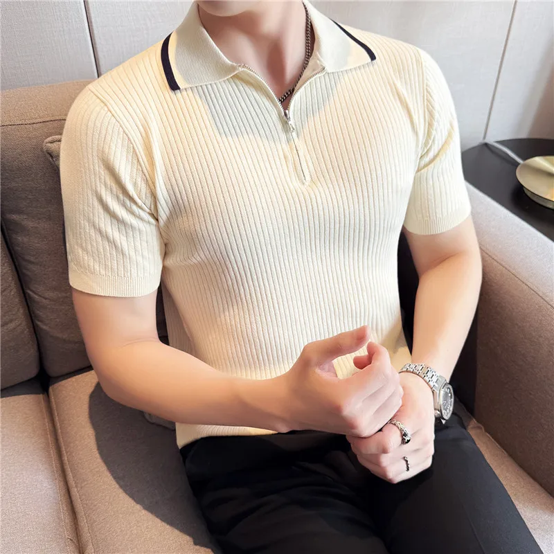 Men High Stretch Knit Polo Shirt Striped Short Sleeved Summer Light Thin Slim Fit Top Casual T-shirt high-quality Men Clothing