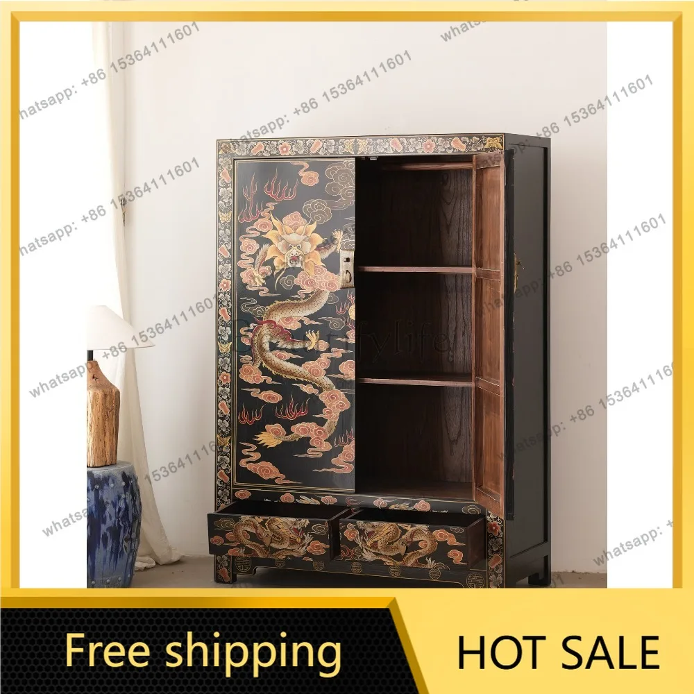 LD Tibetan hand-painted gold dragon pattern solid wood wardrobe Chinese style retro painted double door wardrobe