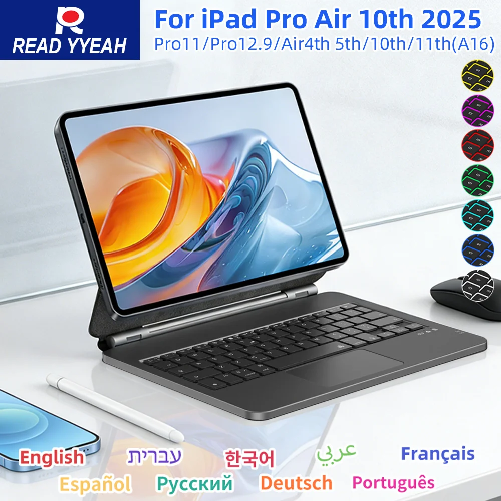 

Беспроводная клавиатура READYYEAH Magic Tablet с магнитным креплением для iPad a16, iPad Air 4/5 10.9 дюймов, Pro 11/12.9, испанский/корейский, умный чехол