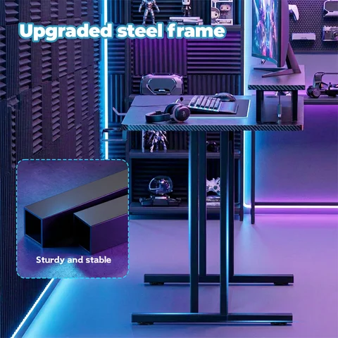 FRODROVIA RGB Gaming Desk with LED Lights & Elevated Monitor Stand, Carbon Fiber Surface Gaming Table, Heavy-Duty Double I-Shaped Steel Frame Computer Desk with Adjustable Foot Pads, Gaming Workstation Equipped with Cup Holder & Headphone Hook for Gamers