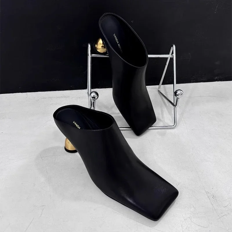 Retro Square Headed Wine Glasses Slippers for Women in Summer 2025 New Wearing Half Drag High Heels for Women Zapatos De Mujer