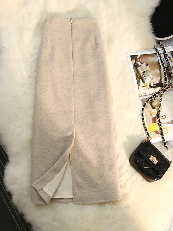 تنورة صوفية قصيرة بنية اللون عالية الخصر للنساء، تنورة خريفية وشتوية على شكل حرف A مع شق، تنورة كورية الطراز للعمل