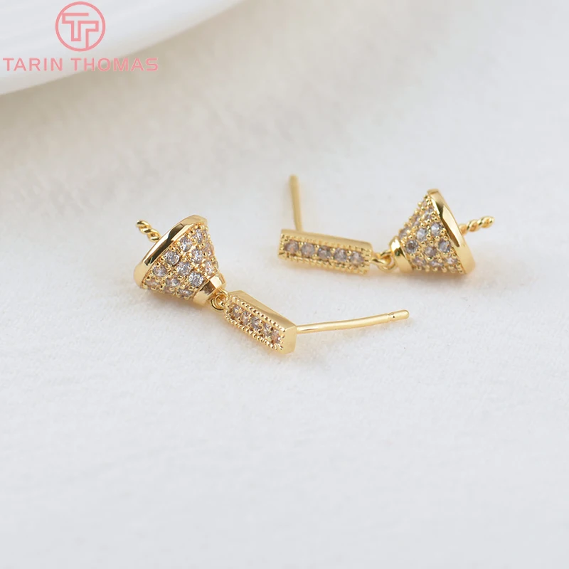 Brass with Zircon Stud Earrings, Cor do Ouro, Meio Pino, Alta Qualidade, Joalheria, Finding, 8x17mm, 2 unid, 24K, 2075