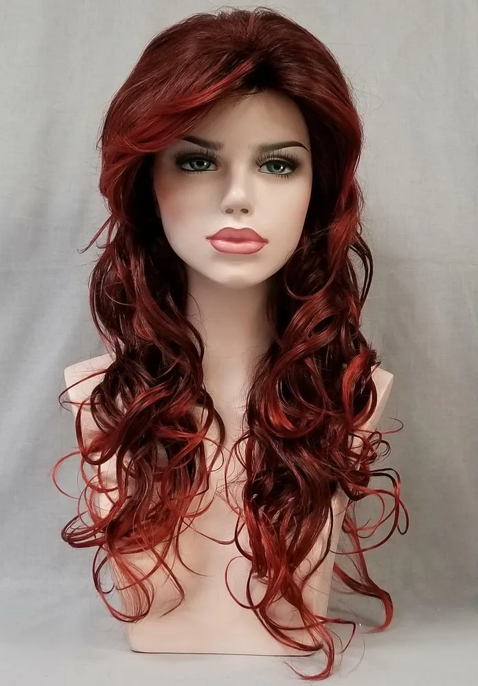 Peruca feminina de 22 polegadas de comprimento, grande, cacheado, ondulado, camada de cabelo com franja