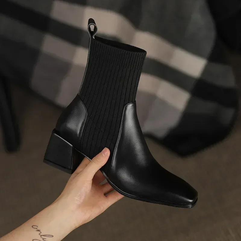 2025 outono inverno novas meias de tornozelo sapatos femininos moda tamanho grande botas curtas de malha deslizamento em salto alto botas de mujer