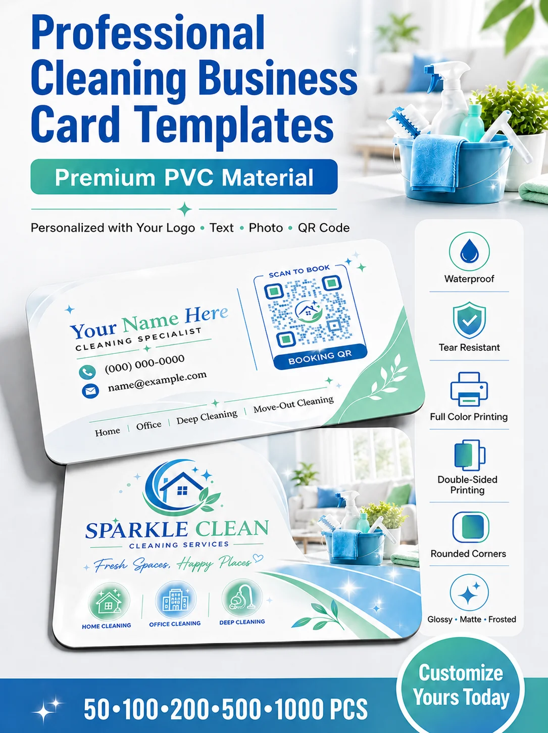 Custom PVC Business Cards Cleaning Business Template Personalized Logo Text QR Code Waterproof Double Sided Matte Glossy Frosted