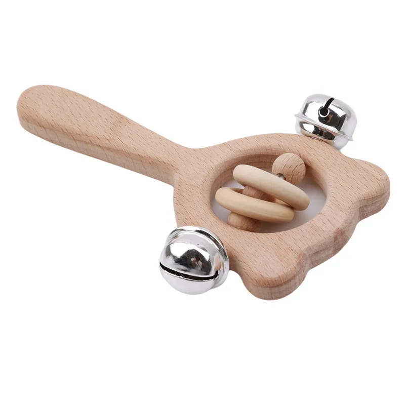 Sonajero de madera para bebé, oso de haya, anillo de madera para dentición manual, puede masticar cuentas, sonajeros para bebé, gimnasio, juguetes Montessori para cochecito