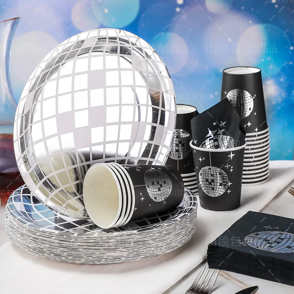 10Guests Disco Theme Black Laser Silver Tableware Sets Shiny Lamp Ball Paper Plates Napkins Happy Disco Birthday Party Decor