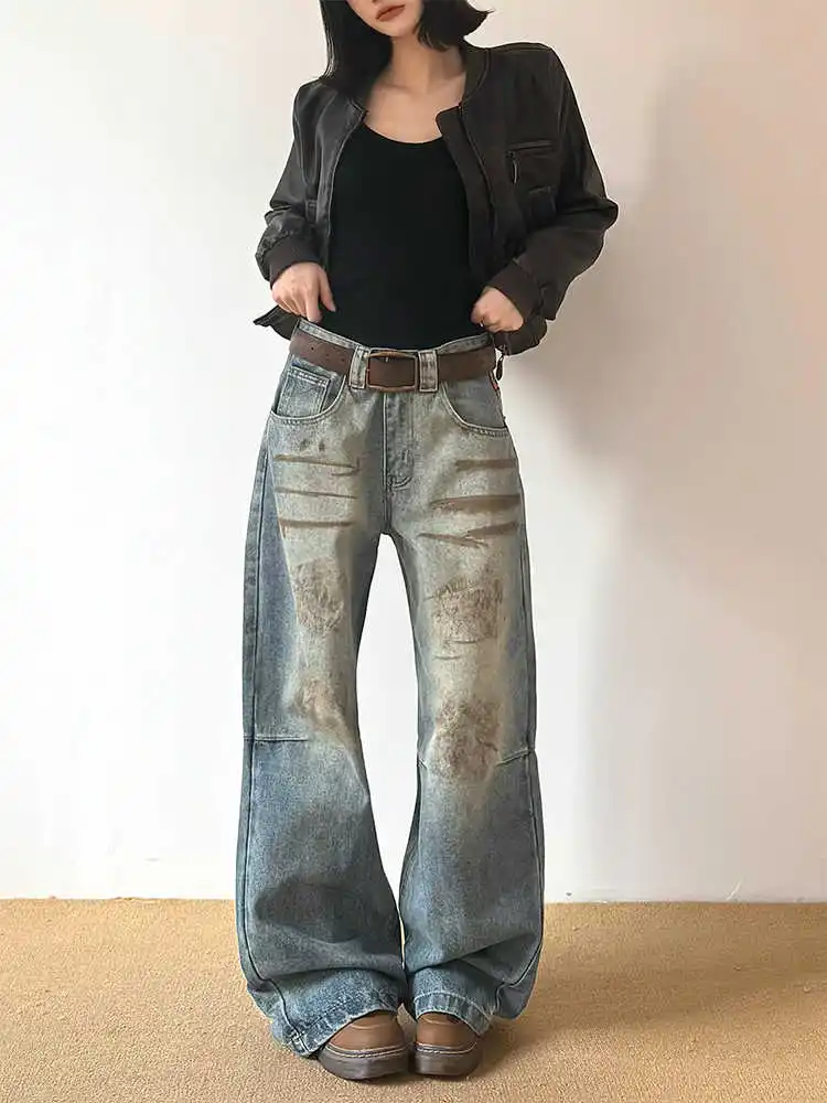 

Harajuku Y2K Loose Blue Cargo Jeans Women's Streetwear Retro 90s High Waisted Pants High Street Loose Wide Leg Denim Pants Women