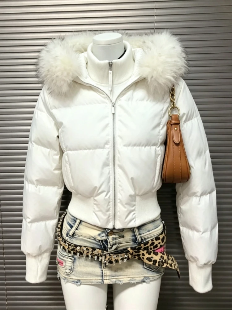 Damen-Kurzjacke mit Kunstfellkragen und Kapuze, Reißverschluss, Langarm, Y2K-Ästhetik, Japanischer Street-Style, Wintermantel, Neu