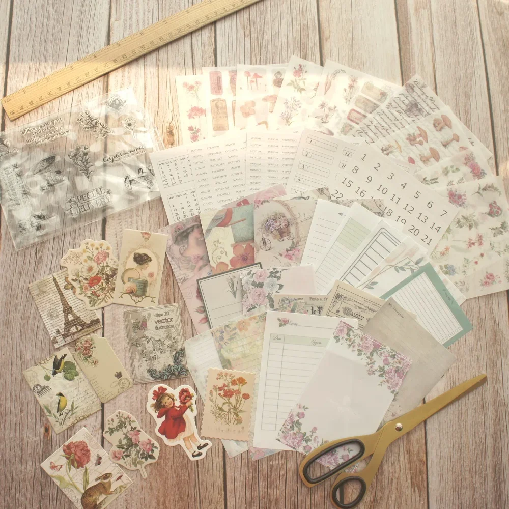 

45 Pcs DIY Flower and Old Fashion Romance Theme Tag Mini Card Background Craft Paper Stamp Scrapbooking Creative Set Gift Use