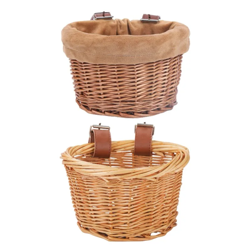 Kids Bike Basket Bicycle Wicker D-shaped Baskets Child Scooter Front Storage Basket With 2 Leather Strap For Cycling Accessories