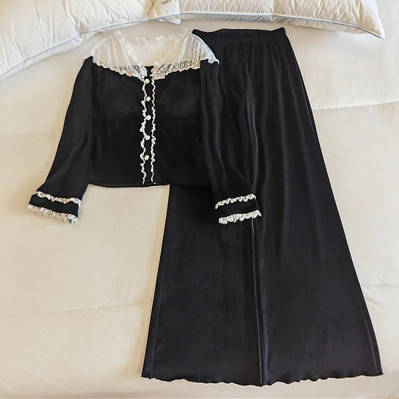 

Милые пижамные комплекты, бархатная теплая зимняя одежда для сна, утепленный топ на груди с длинными рукавами, женские пижамы со брюками, домашний костюм