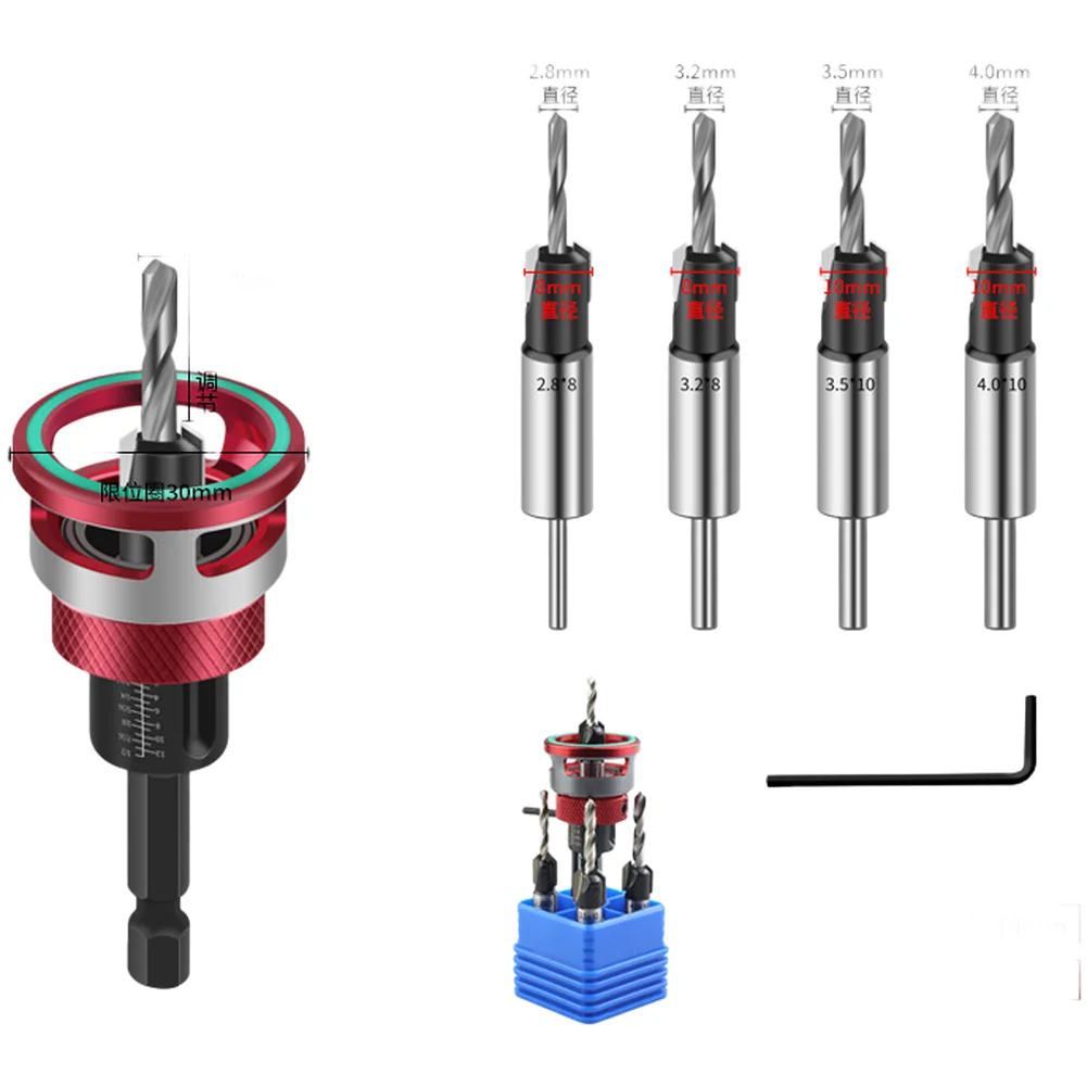 

Adjustable Depth 4 Flute Countersink Drill Bit Set With Bearing 1/4" Hex Shank Woodworking Limit Four Edge Countersink Drill