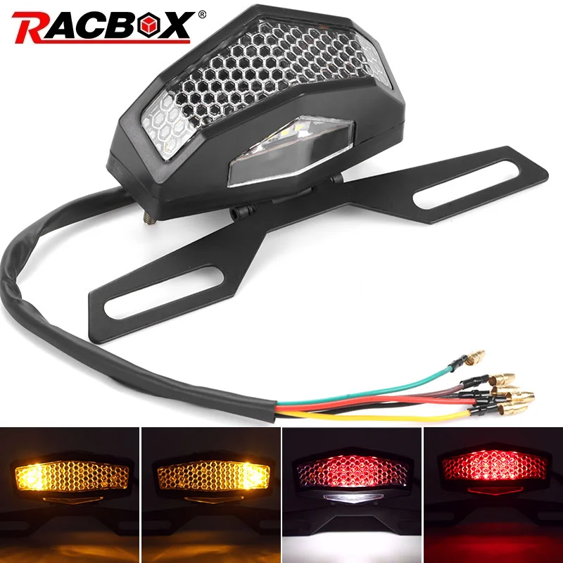 4 in 1 Universal Motorcycle LED Tail Light Rear Brake Stop Indicator Turn Signal Lights License Plate Lamp ATV Pit Dirt Bike 12V